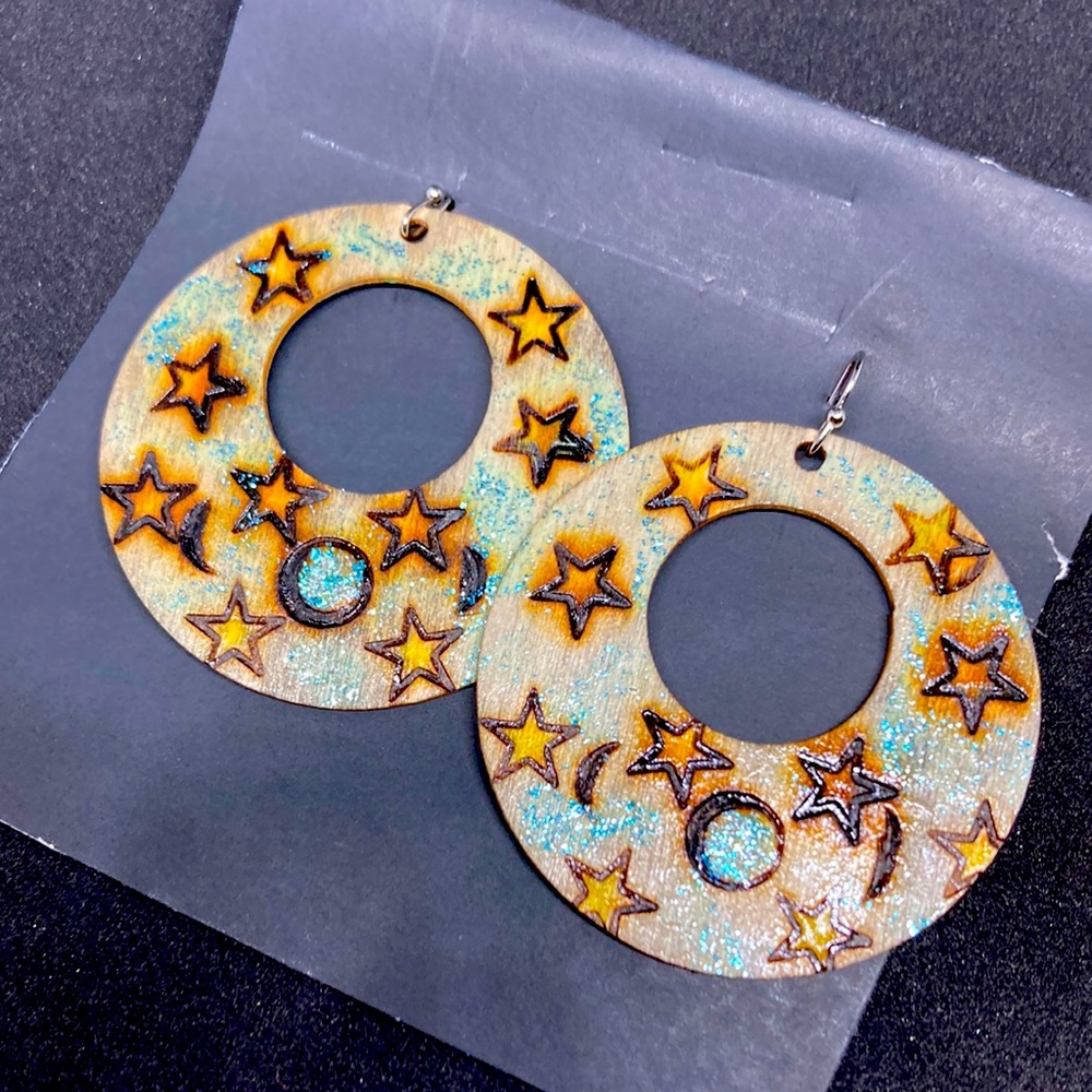 Wooden handmade Woodburned and hand painted earrings